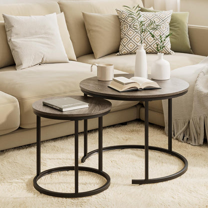 HEYZOEY Round Coffee Tables, Removable Set of 2 End Table, Nesting Tables with Black Metal Frame Legs and Wooden Grey Top for Living Room, Bedroom