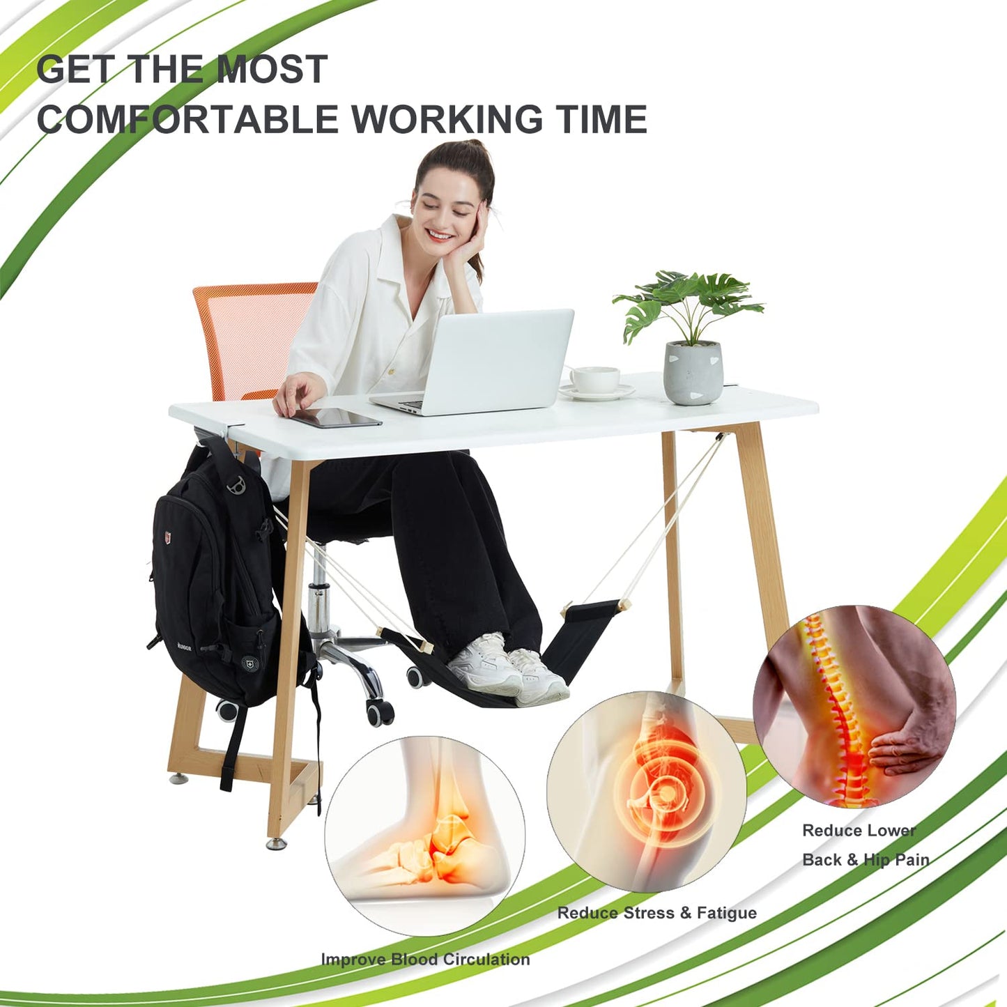 Auoinge Canvas Foot Rest Hammock, Adjustable Mini Foot Rest Stand Under Desk for Home and Office