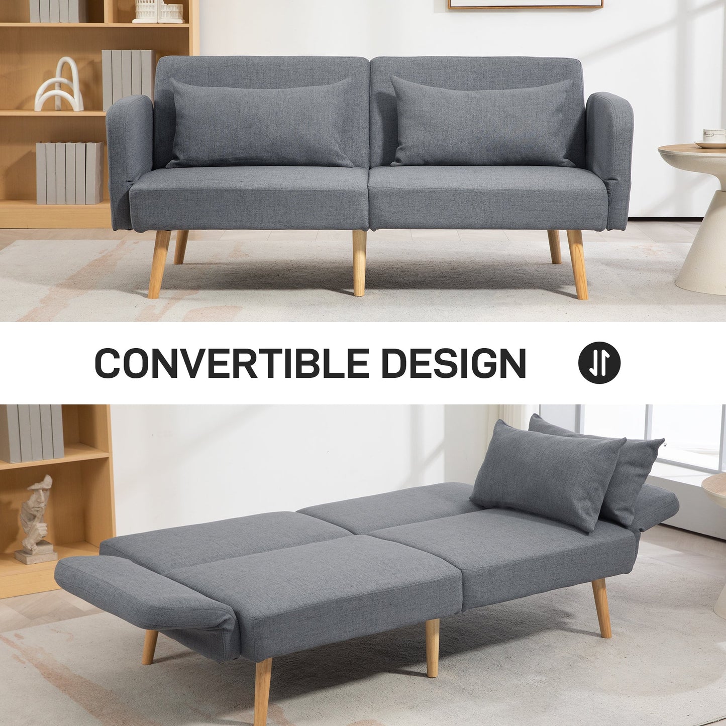 HOMCOM Two-Seater Click-Clack Sofa Bed, with Pillows - Grey