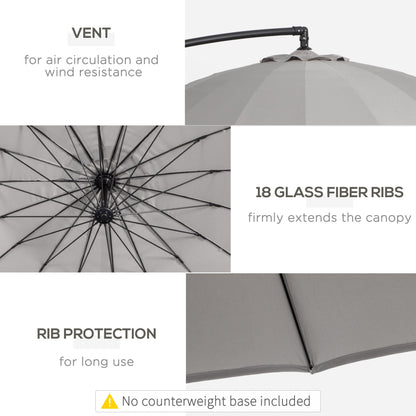 Outsunny 3(m) Cantilever Umbrella 18 Ribs & Vents Adjustable Angle for Patio Light Grey