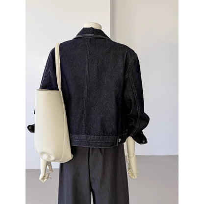 Korean Style Pocket Lapels Retro Dark Blue Short Denim Coat