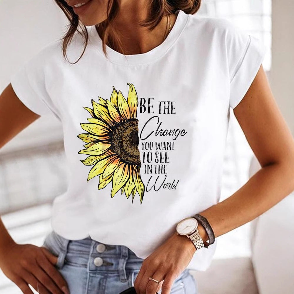 Letter-print Casual T-shirt Women's Short-sleeve