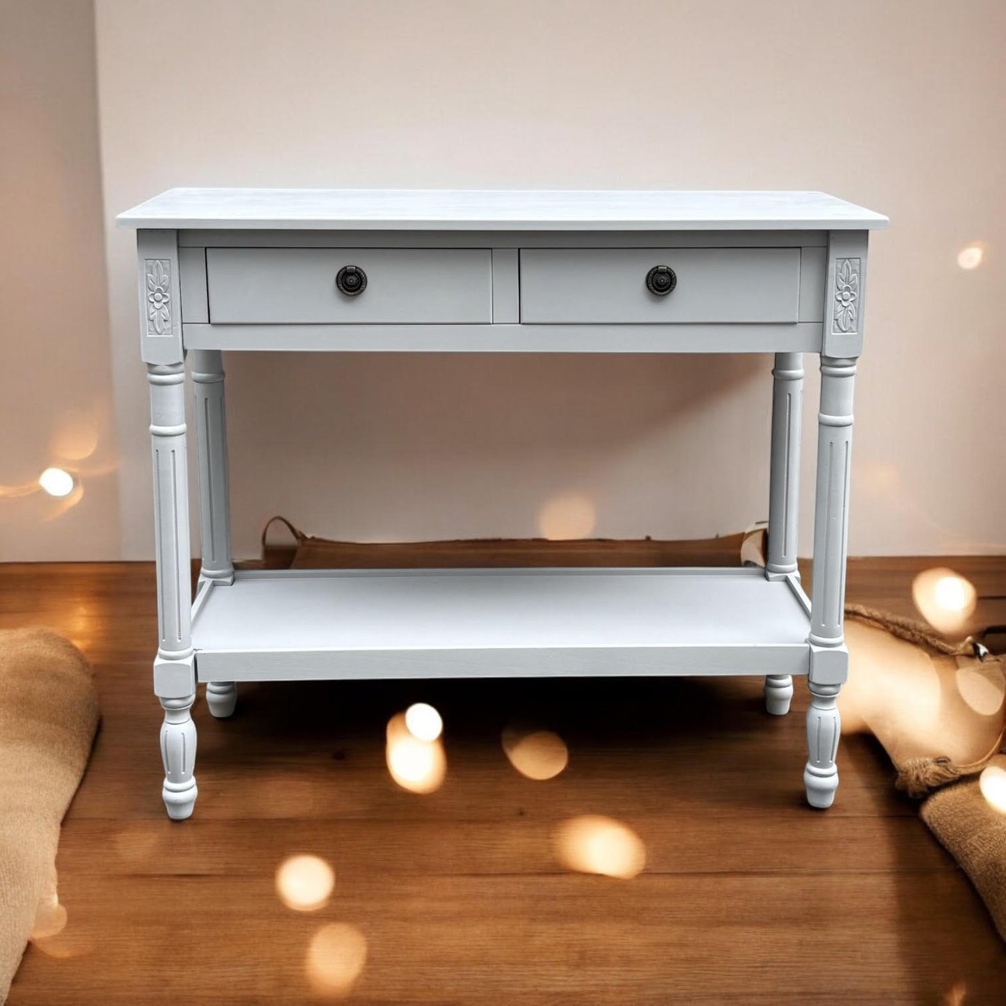 Modern and Stylish 2 Drawer Rectangular Console Table - Medium Wood Tone Finish for Sleek Hallway Side Table with Knob Handle Drawers for Home, Office, Bedrooms, or Living Spaces (Moonstruck Grey)