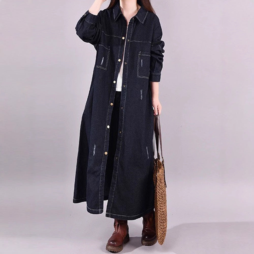 Loose Denim Trench Coat Retro Distressed Mid-length