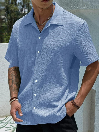 Men's Solid Color Short Sleeve Shirt Fashion Casual Button Lapel Tops Clothing