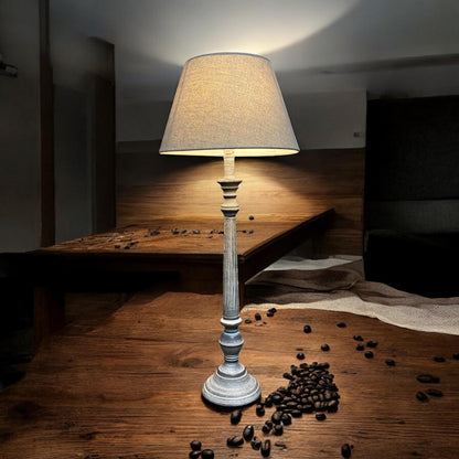 AcaciaHome Stylish & Elegant Tall Wooden Grey Washed 60 cm Table Lamp with Taupe Linen Shade – Energy-Efficient E27 Bulb with Shabby Chic Lighting for Bedroom, Living Room & Office