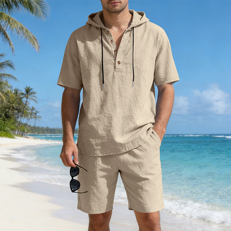 Mens Loose, Breathable Linen Hooded Casual Set