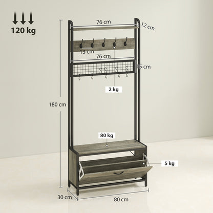 HOMCOM 5-In-1 Industrial-Style Hallway Tree - Grey/Black