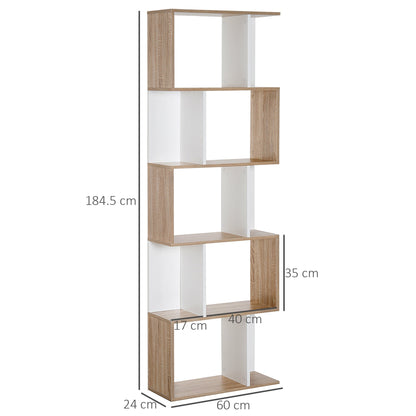 HOMCOM 5-tier Bookcase Storage Display Shelving S Shape design Unit Divider Natural