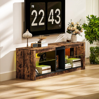 HOMCOM TV Stand Cabinet with LED Lights and Remote Control for TVs up to 65", Entertainment Centre with Storage Shelves and Compartment, Rustic Brown