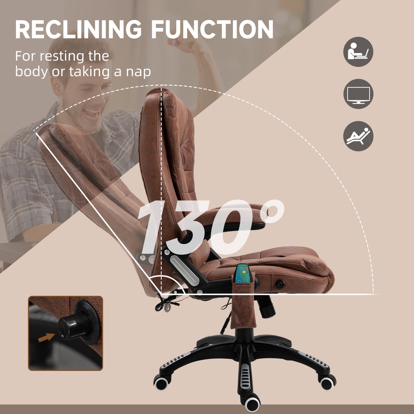 Vinsetto Massage Recliner Chair Heated Office Chair with Six Massage Points Microfiber Cloth 360\'c2\'b0 Swivel Wheels Brown