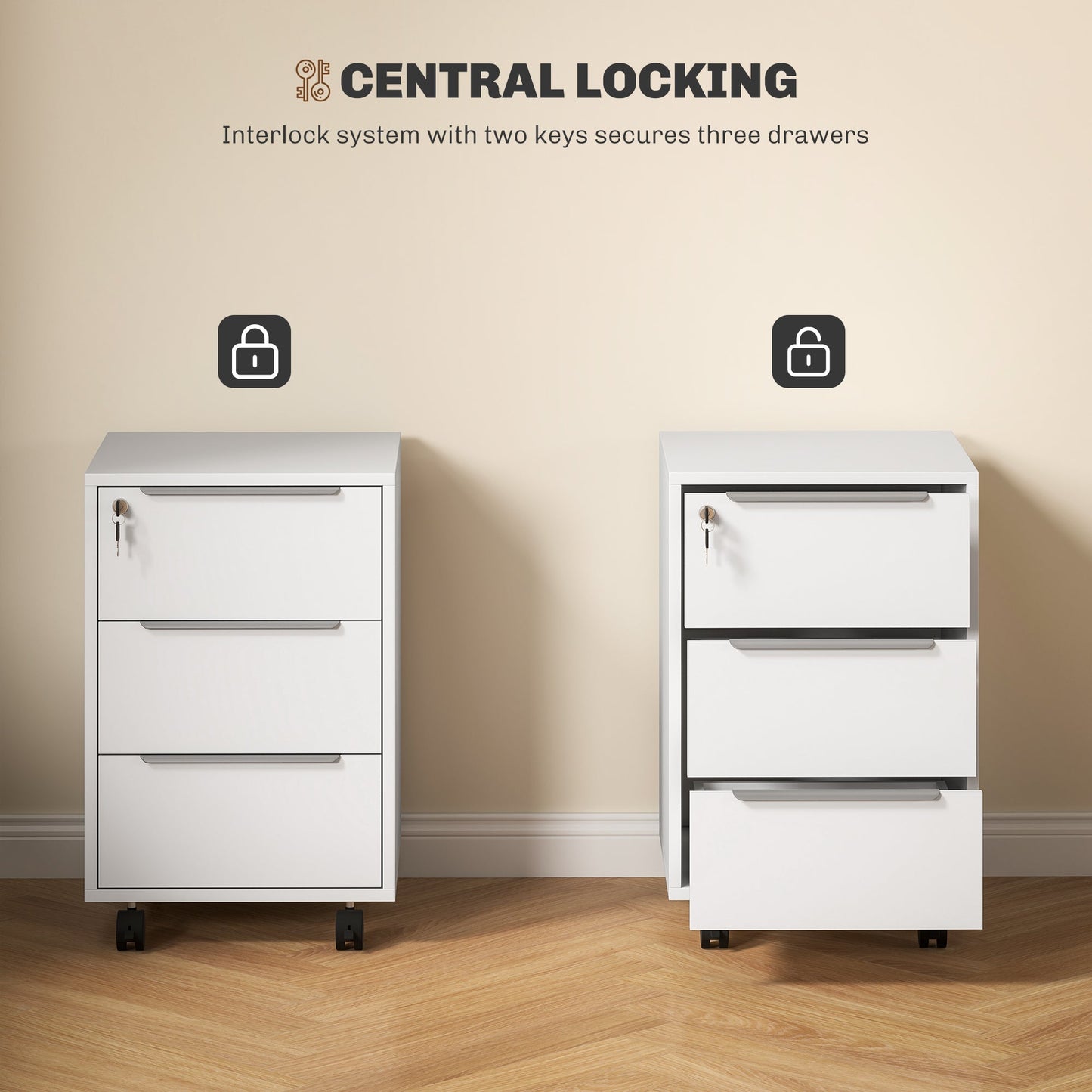HOMCOM Three-Drawer Locking Filing Cabinet - White