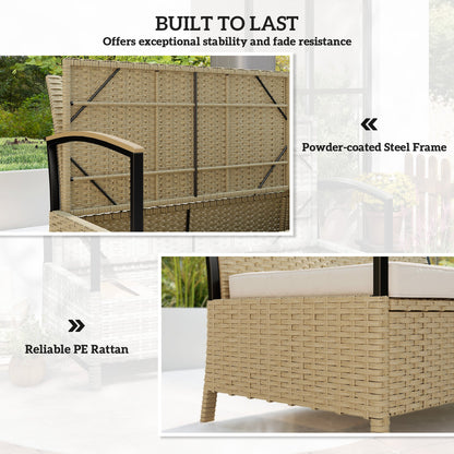Outsunny 125L Garden Storage Bench, 2 Seater PE Rattan Outdoor Bench Storage Box with Padded Cushion, Khaki