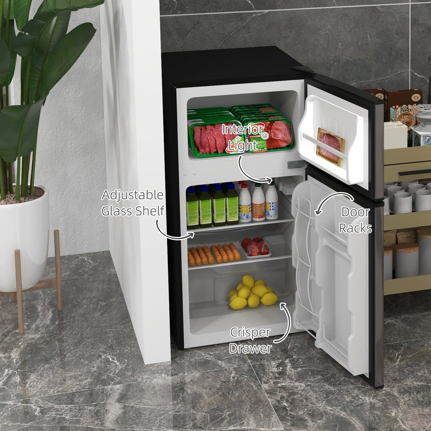 HOMCOM 88L Under Counter Fridge Freezer, Small Refrigerator with 5-Setting, 3 Star Freezer Rating, Black and Silver Tone