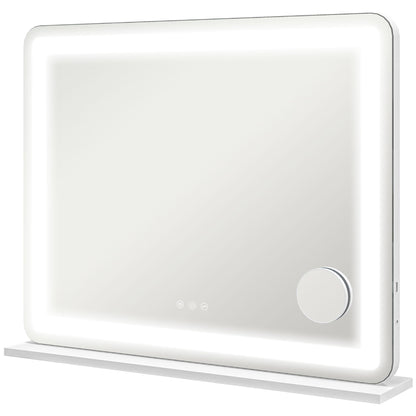HOMCOM Vanity Mirror with Lights, Large Lighted Makeup Mirror with 3 Colour Lighting Modes, 10X Magnifying, USB Charging Port, Touch Screen, Tabletop or Wall Mounted Design for Bedroom, White