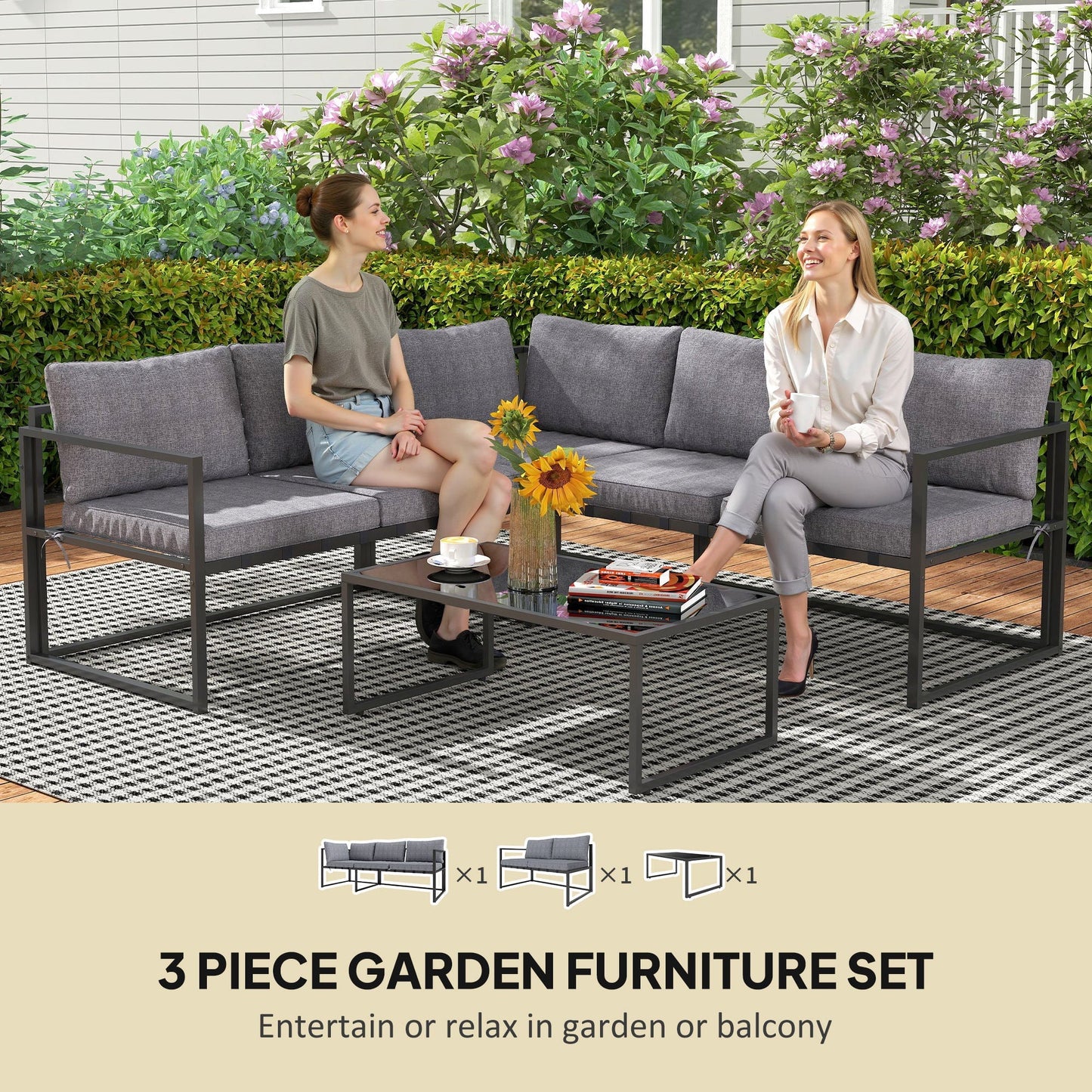 Outsunny Three-Piece L Shaped Garden Furniture Set with Cushions - Grey