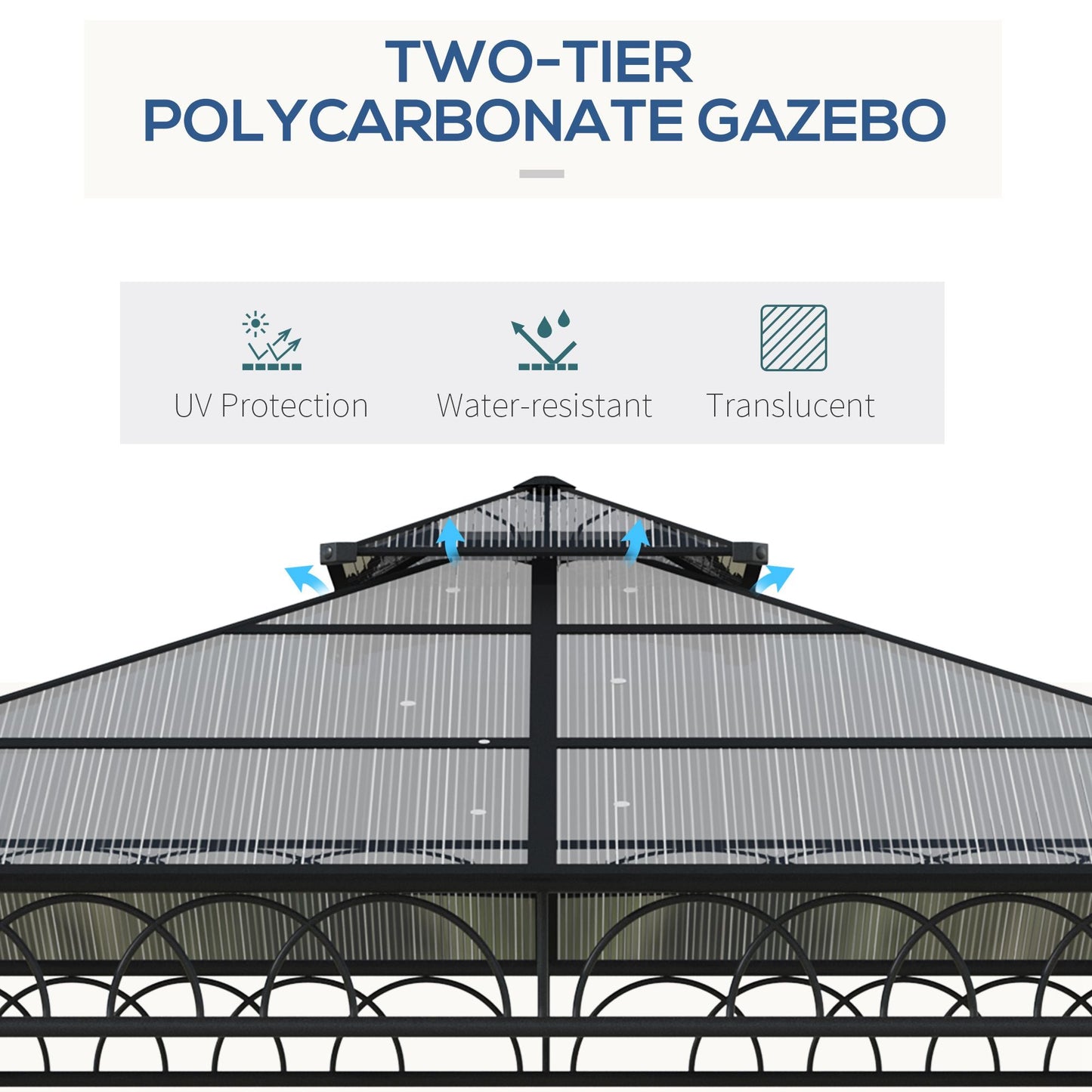 Outsunny 3 x 3 (m) Outdoor Polycarbonate Gazebo, Double\'c2\'a0Roof Hard Top Gazebo with\'c2\'a0Galvanised Steel Frame, Nettings\'c2\'a0&\'c2\'a0Curtains for Garden, Lawn, Patio and Deck, Khaki