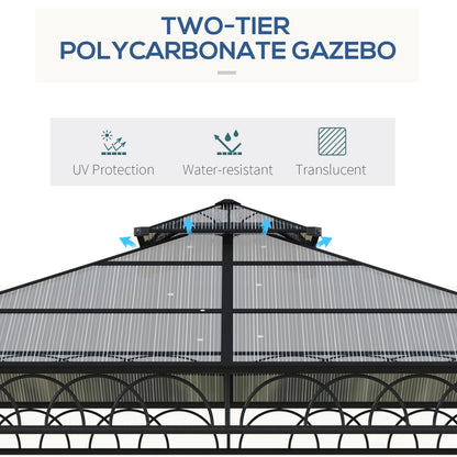 Outsunny 3 x 3 (m) Outdoor Polycarbonate Gazebo, Double\'c2\'a0Roof Hard Top Gazebo with\'c2\'a0Galvanised Steel Frame, Nettings\'c2\'a0&\'c2\'a0Curtains for Garden, Lawn, Patio and Deck, Khaki
