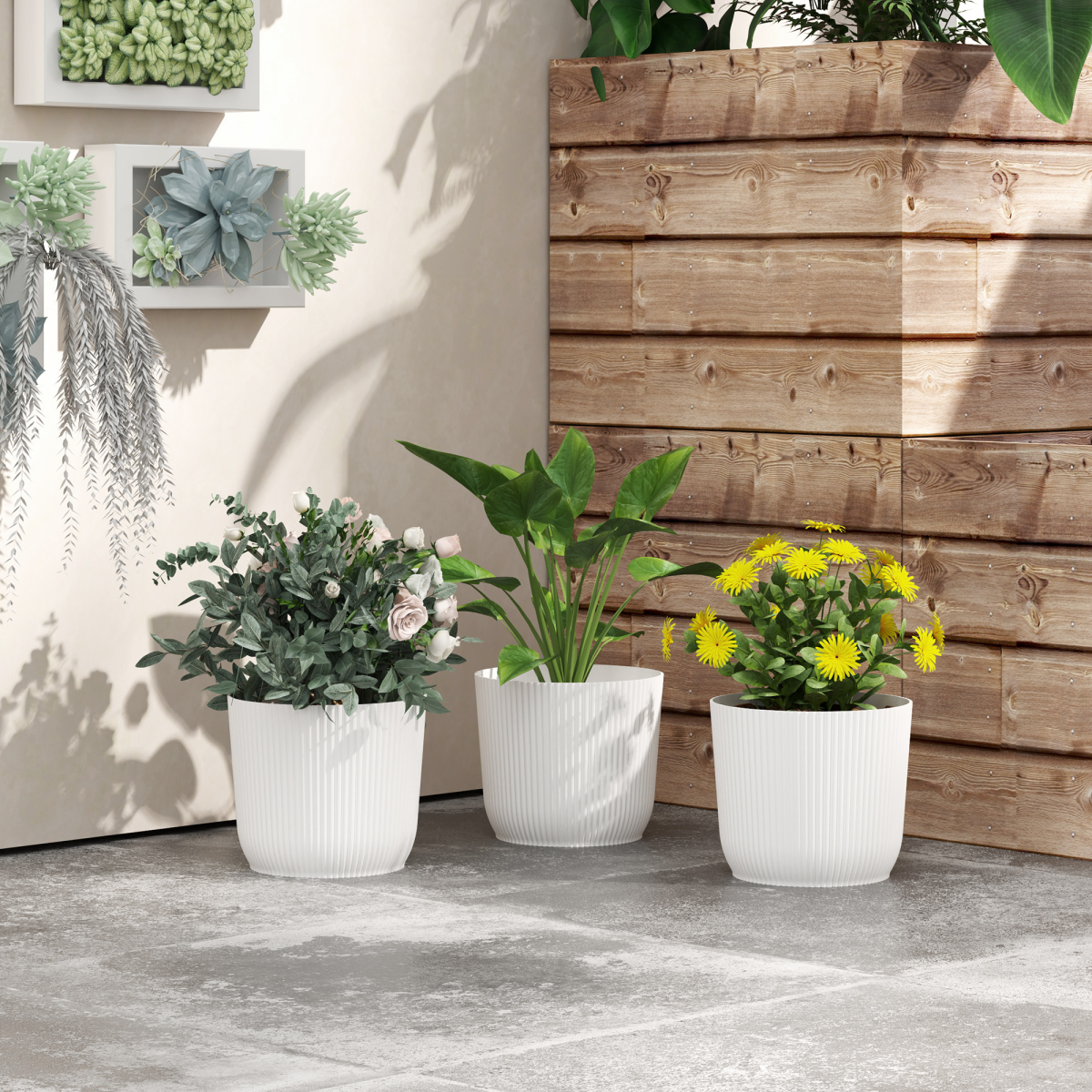 Outsunny Set of 3 Round Plant Pots Outdoor 22cm for Garden, White