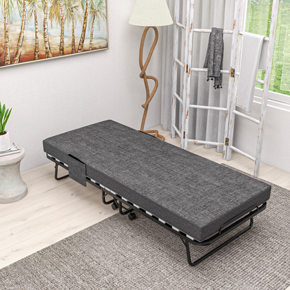 HOMCOM Folding Bed with Mattress Foldable Guest Bed on Wheels w/ Cover Dark Grey
