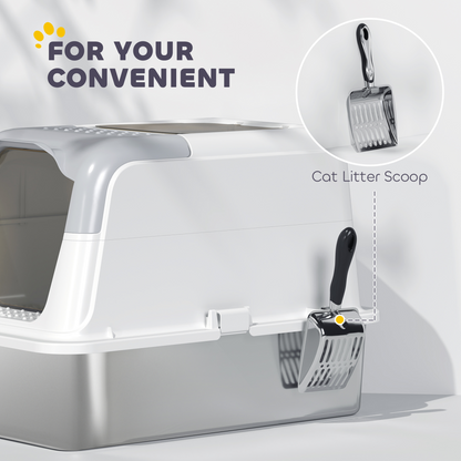 PawHut Stainless Steel Litter Box, Enclosed Metal Litter Tray with Scoop