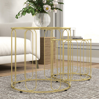 HOMCOM Coffee Table Set of 2, Nest of Tables with Metal Frame, Gold Tone