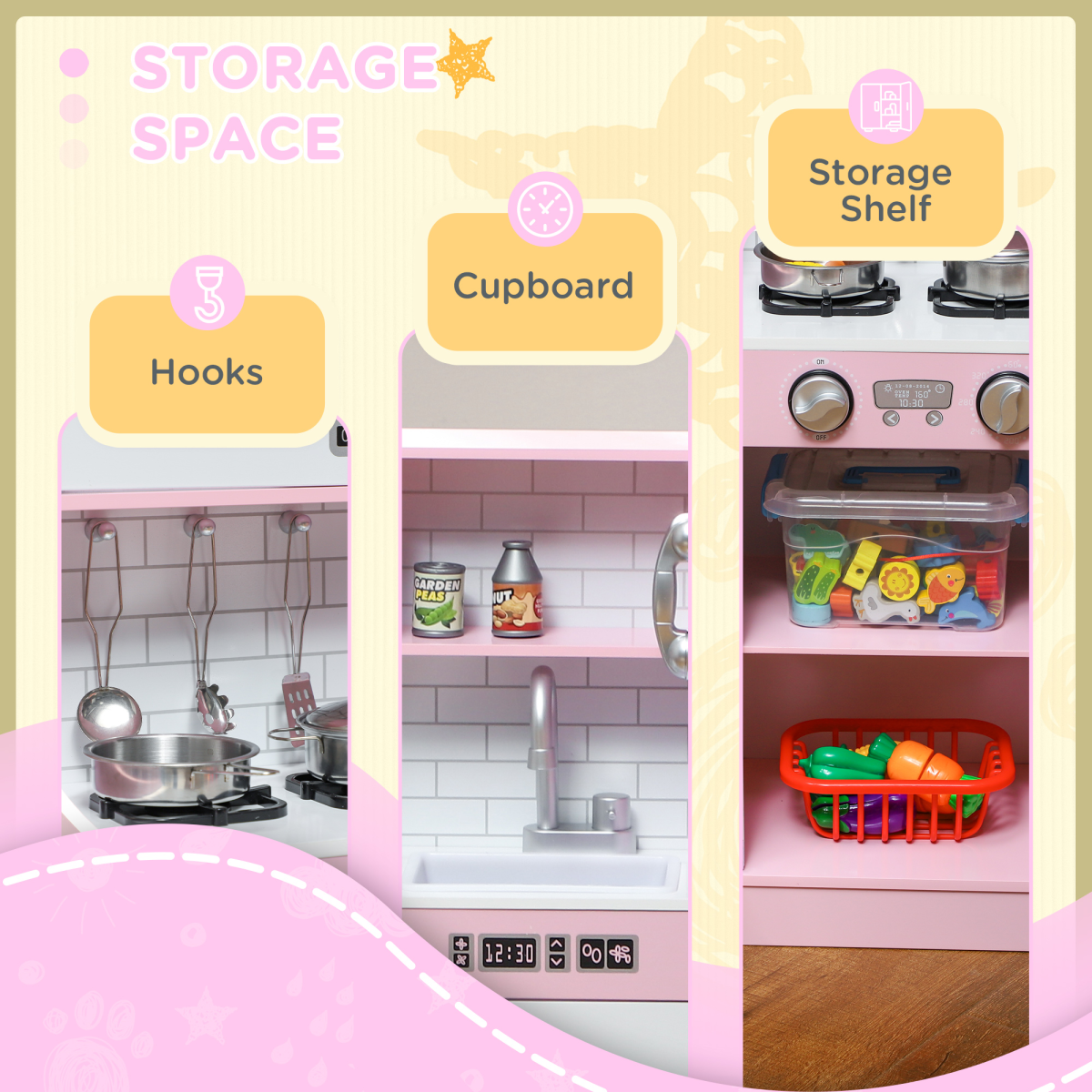 AIYAPLAY Play Kitchen, Pretend Toy Kitchen w/ Toy Phone, Chalkboard, Sink