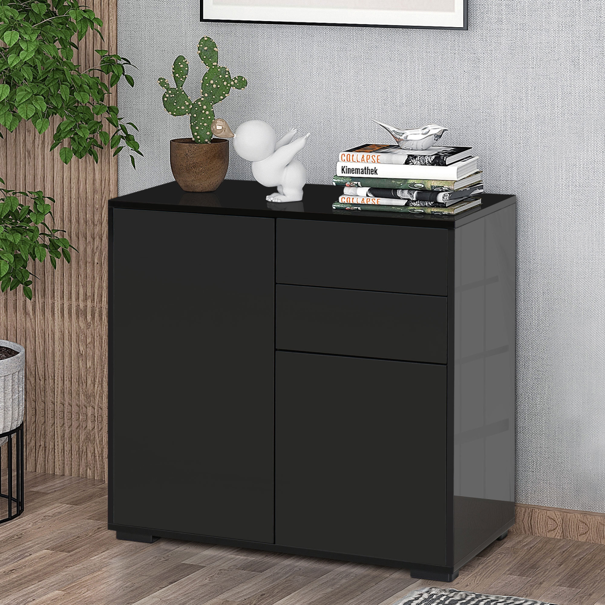 Side Cabinet with 2 Door Cabinet and 2 Drawer for Home Office Black