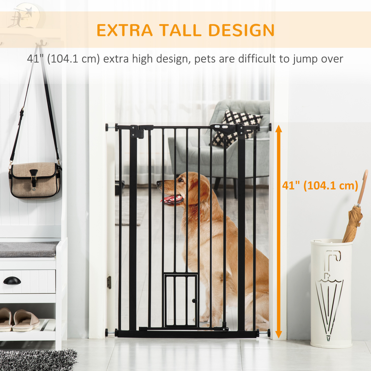 PawHut Extra Tall Dog Gate with Cat Door Auto Close for Stairs 74-101 cm Wide