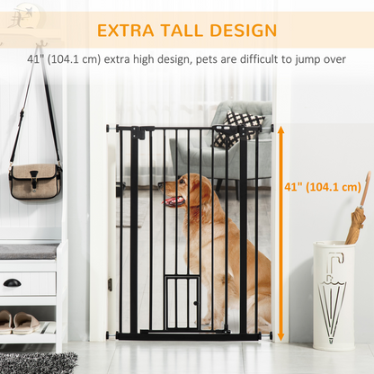 PawHut Extra Tall Dog Gate with Cat Door Auto Close for Stairs 74-101 cm Wide