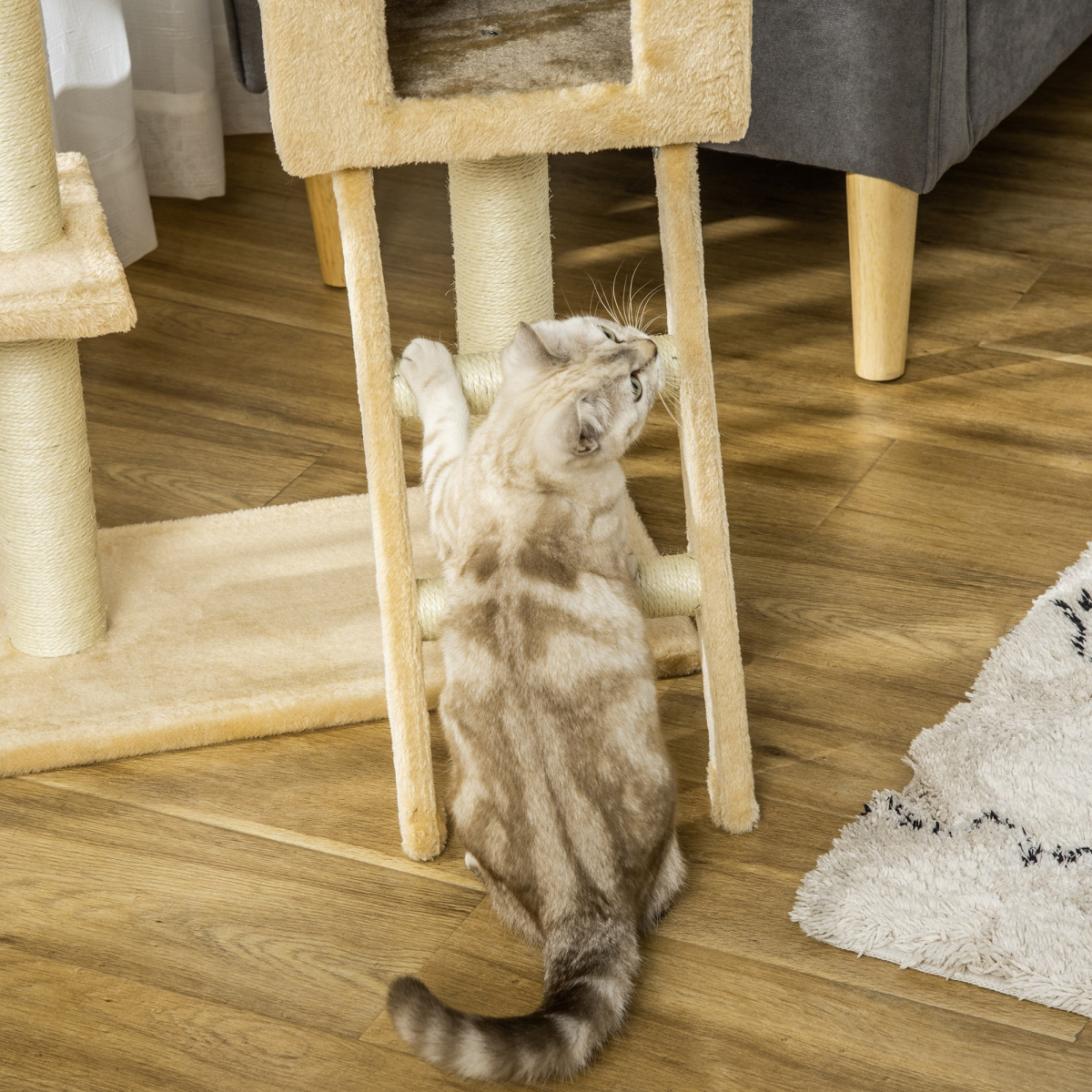 Cat Tree for Indoor Cats Scratching Post w/ Hammock House Bed Basket Pawhut