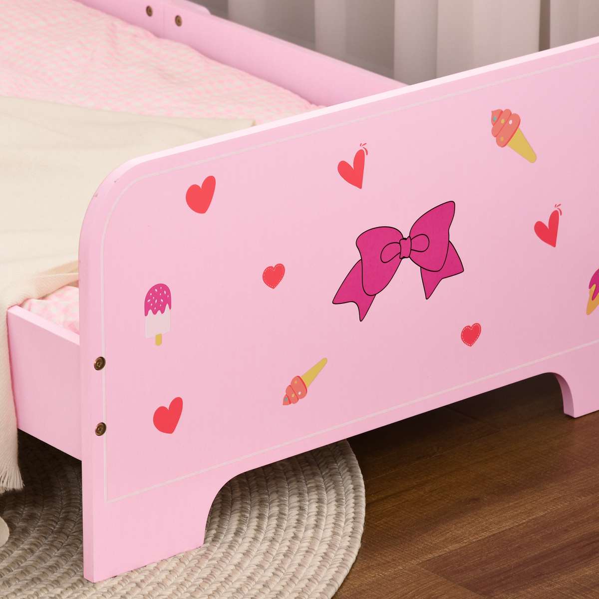 Princess-Themed Kids Toddler Bed w/ Cute Patterns, Safety Rails - Pink