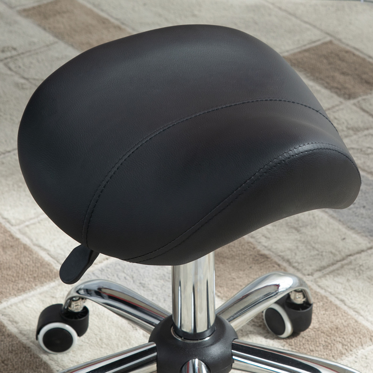 PU Leather Saddle Stool w/ Moulded Padded Seat Adjustable Height 5 Wheels Black