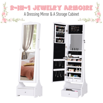 Mirrored Jewelry Cabinet Armoire Floor Standing  Lock, LED Light White