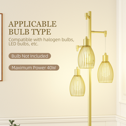 HOMCOM Industrial 3-Light Floor Lamp Dimmable Standing Lamp, Gold