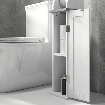 kleankin Slim Toilet Roll Storage Unit with Cupboard and Adjustable Shelf, White