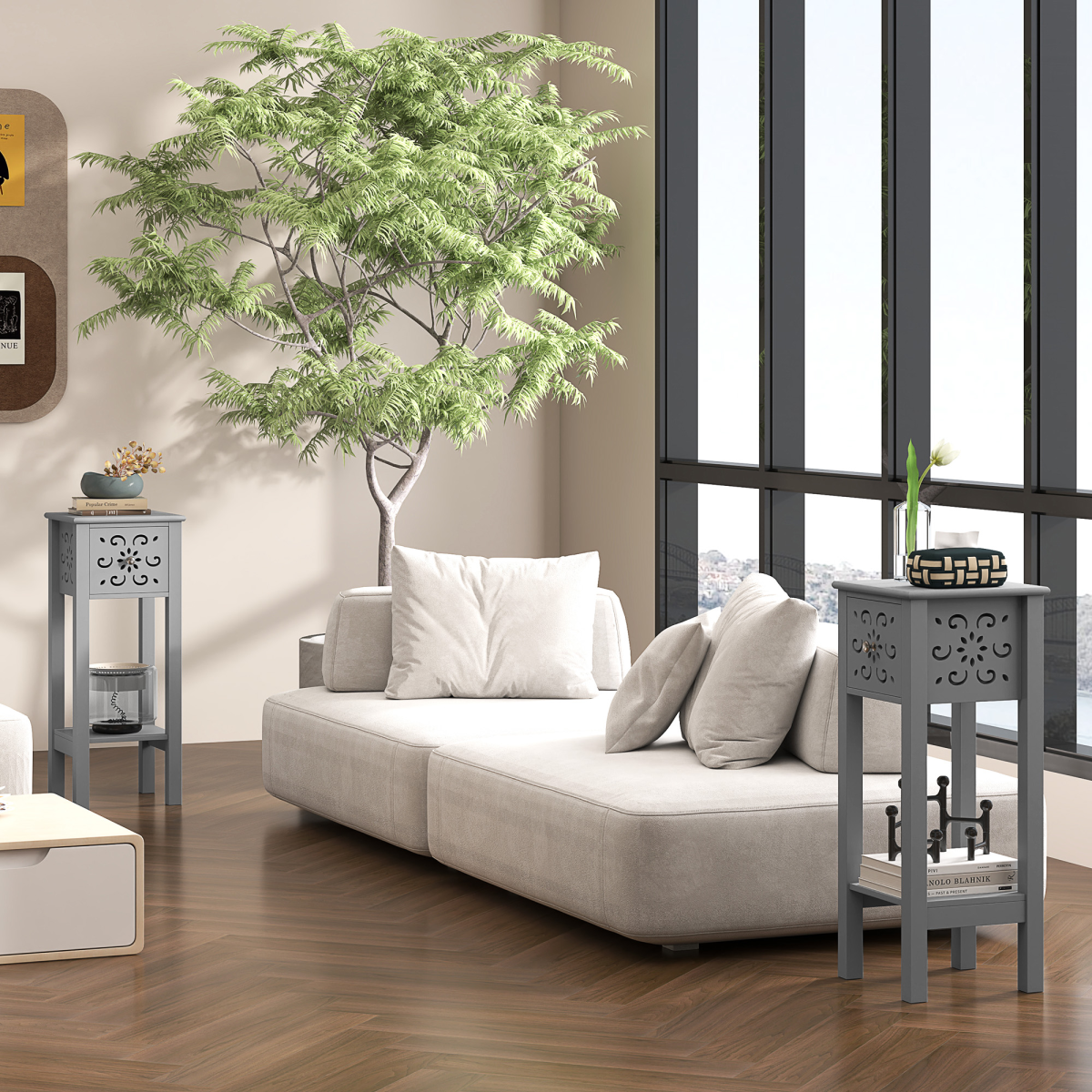 Elegant Floral Design Grey MDF Storage Unit Set - Durable & Stylish