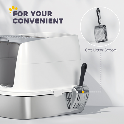 PawHut Stainless Steel Litter Box, Enclosed Metal Cat Litter Tray with Scoop