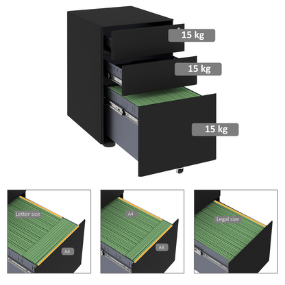 3 Draw Metal Filing Cabinet Lockable 4 Wheel Compact Under Desk Black Vinsetto
