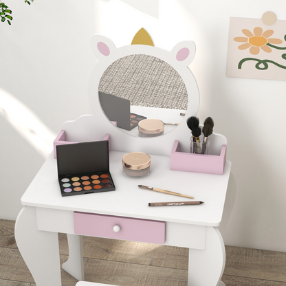 ZONEKIZ Kids Dressing Table with Mirror and Stool, Drawer, Storage Boxes - White