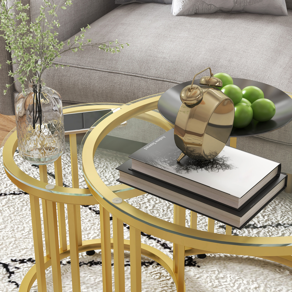 HOMCOM 2 Pieces Round Nesting Coffee Tables with Tempered Glass Top, Gold Tone