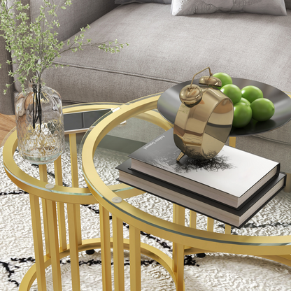 HOMCOM 2 Pieces Round Nesting Coffee Tables with Tempered Glass Top, Gold Tone
