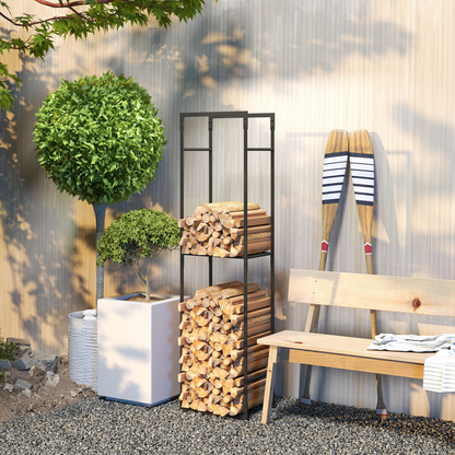 Outsunny Metal Firewood Log Holder, Firewood Rack with Adjustable Shelf