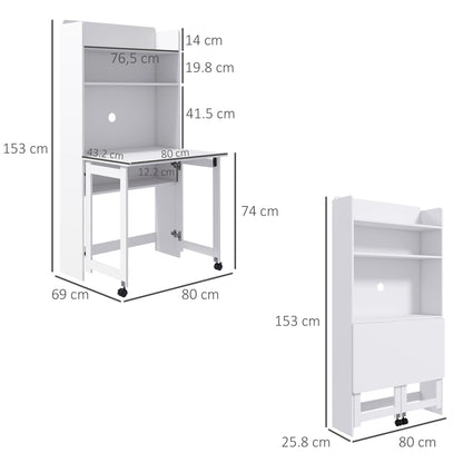 HOMCOM Foldable Desktop, Computer Desk with Storage Shelves, 80 x 69 x 155 cm, White
