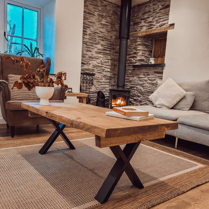 RITA Live / Waney Edge Coffee Table With Metal X Legs