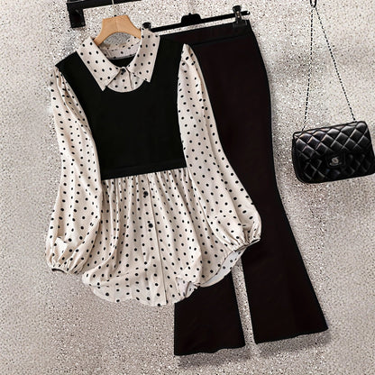 Polka Dot Patchwork Fake Two-piece Long-sleeved Shirt Leggings