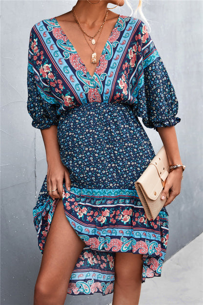 Bohemian V-neck Positioning Flower Irregular Backless Dress