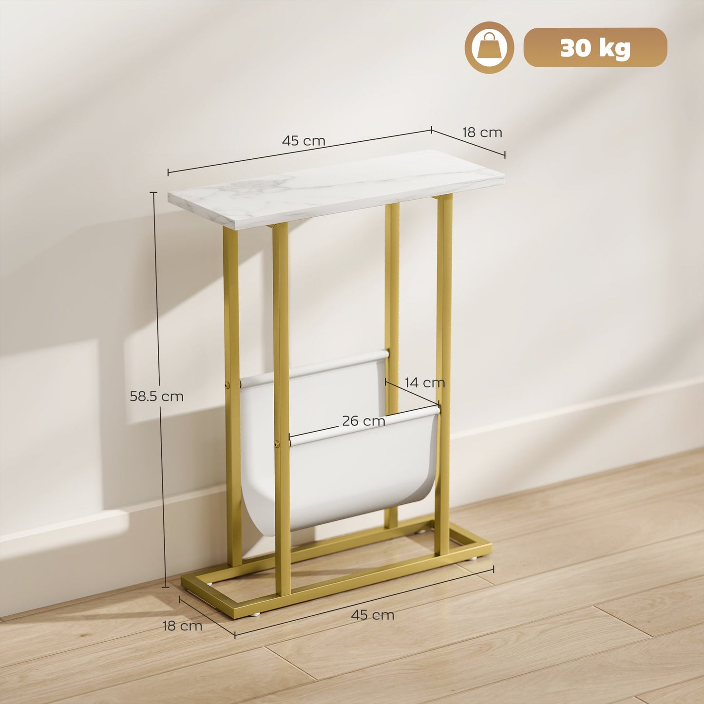 HOMCOM Narrow Side Table, End Table with Magazine Holder, Nightstand for Small Spaces, Living Room, Bedroom, White Marble Grain