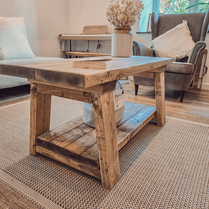 CARA Rustic Wooden Coffee Table With Shelf