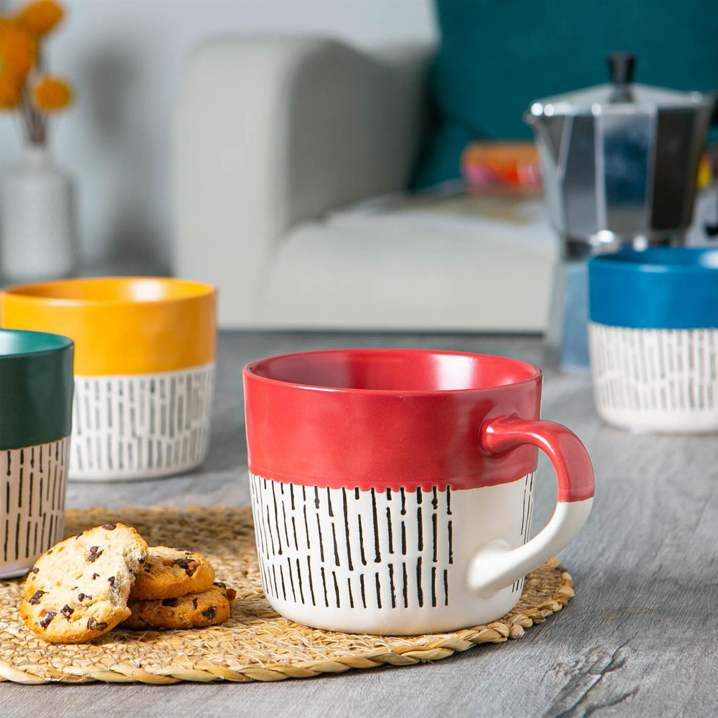 450ml Red Colour Block Dash Stoneware Coffee Mug